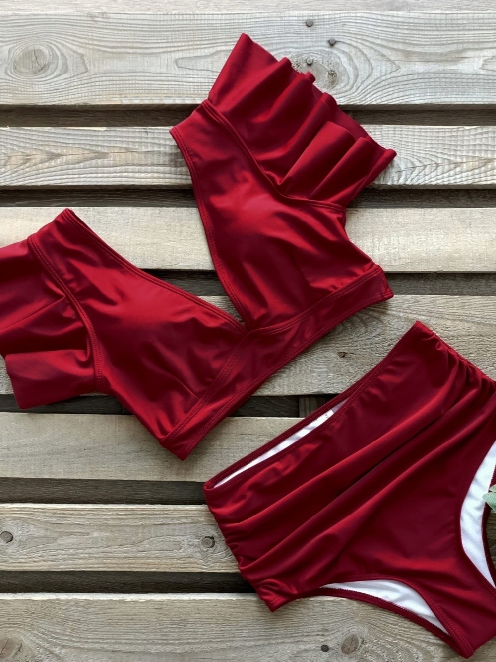 Red Ruffled High-Waist Bikini Set - Women